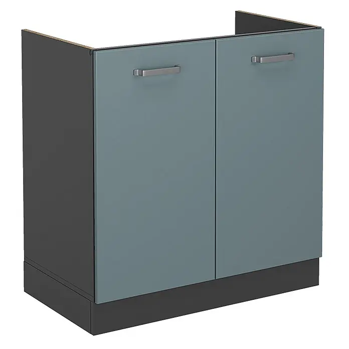 Vicco Schrankküche R-Line Blau-Grau ohne Arbeitsplatte - Blau-Grau, Spülenunterschrank 80 cm - Dunkelgrauer Unterschrank mit zwei tealfarbenen Türen und silbernen Griffen.