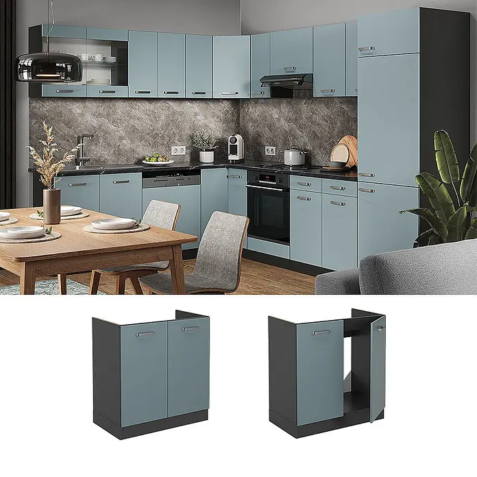Vicco Schrankküche R-Line Blau-Grau AP Marmor - Blau-Grau, Spülenunterschrank 80 cm, AP Marmor - Moderne L-förmige Küche mit hellblauen Schränken, dunkelgrauen Rahmen und Griffen.
