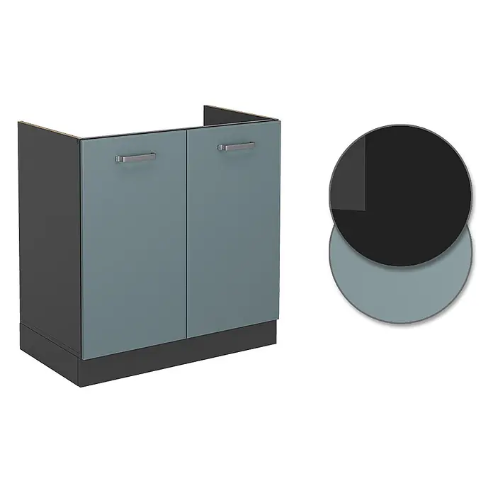 Vicco Schrankküche R-Line Blau-Grau AP Marmor - Blau-Grau, Spülenunterschrank 80 cm, AP Marmor - Zweitüriger Küchenunterschrank mit dunkelgrauem Korpus und hellblaugrauen Türen.