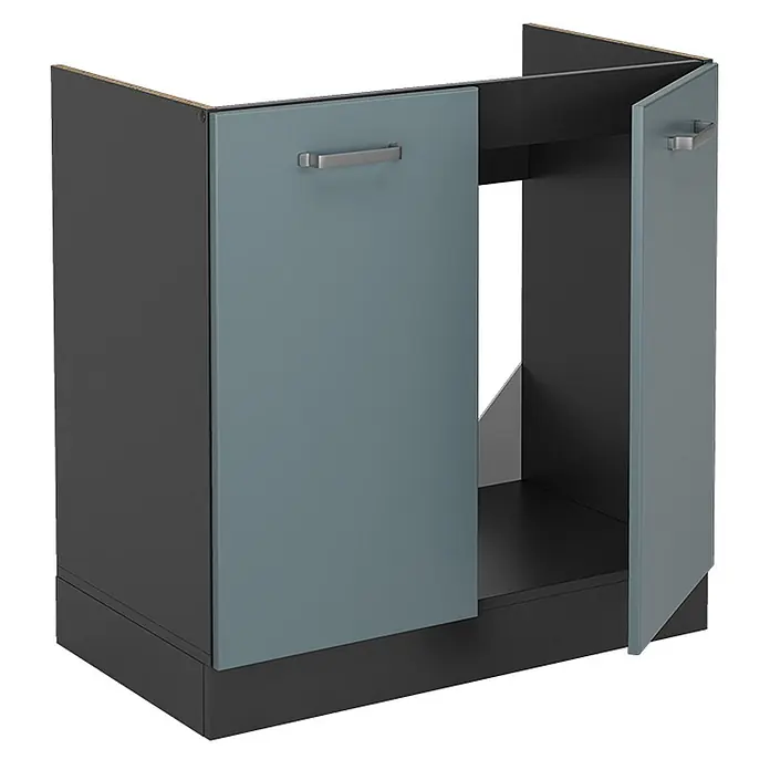 Vicco Schrankküche R-Line Blau-Grau AP Marmor - Blau-Grau, Spülenunterschrank 80 cm, AP Marmor - Anthrazitfarbener Unterschrank mit zwei petrolblauen Türen und Metallgriffen, für ein Spülbecken konzipiert.