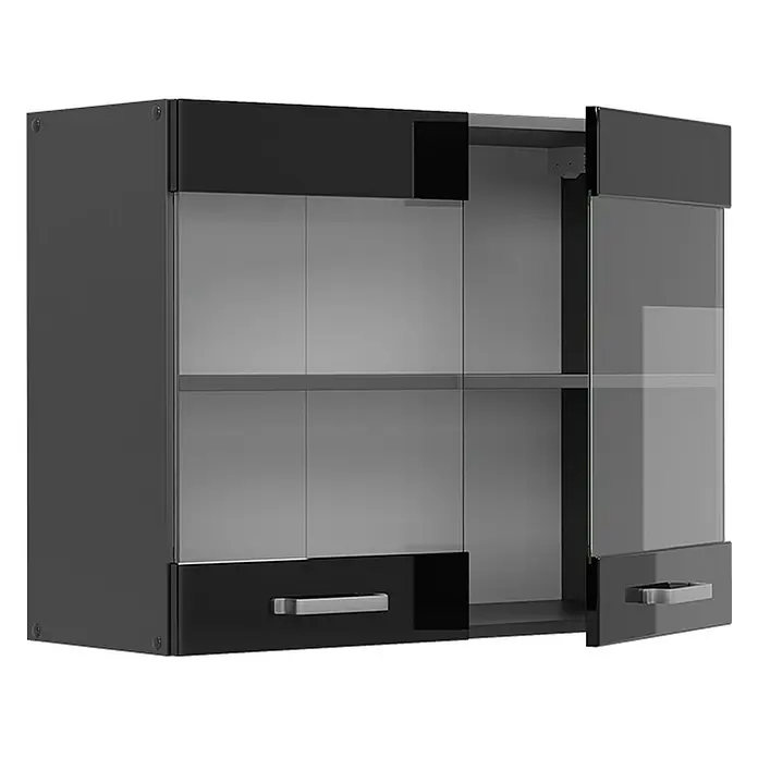 Vicco Schrankküche R-Line Schwarz Hochglanz - Schwarz Hochglanz, Hängeglasschrank 80 cm - Schwarzer Hängeschrank mit Glastüren und zwei Schubladen, eine Tür und eine Schublade sind leicht geöffnet.