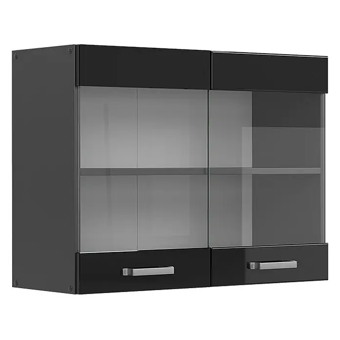 Vicco Schrankküche R-Line Schwarz Hochglanz - Schwarz Hochglanz, Hängeglasschrank 80 cm - Schwarzer Hängeschrank mit Glastüren und zwei unteren Schubladen mit silbernen Griffen.