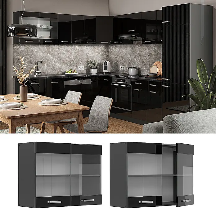 Vicco Schrankküche R-Line Schwarz Hochglanz - Schwarz Hochglanz, Hängeglasschrank 80 cm - Elegante schwarze Hochglanz-Küchenschränke mit Glastüren und integrierten Griffen in moderner Küche.