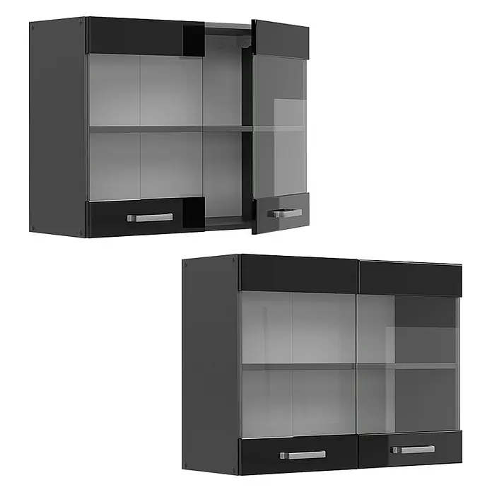 Vicco Schrankküche R-Line Schwarz Hochglanz - Schwarz Hochglanz, Hängeglasschrank 80 cm - Moderner schwarzer Hängeschrank mit Glastüren und Schubladen.