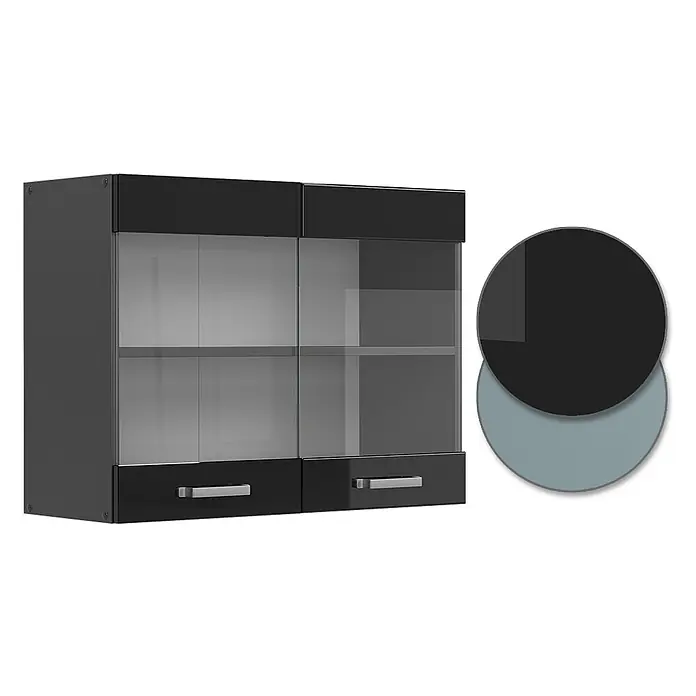Vicco Schrankküche R-Line Schwarz Hochglanz - Schwarz Hochglanz, Hängeglasschrank 80 cm - Schwarzer Hängeschrank mit zwei Glastüren und zwei unteren Schubladen mit silbernen Griffen.