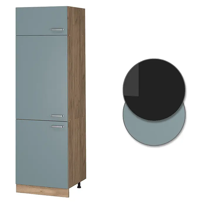 Vicco Schrankküche R-Line Blau-Grau - Blau-Grau, Kühlumbauschrank 60 cm - Hoher freistehender Schrank mit hellblaugrauen Türen und hellem Holzdekorrahmen.