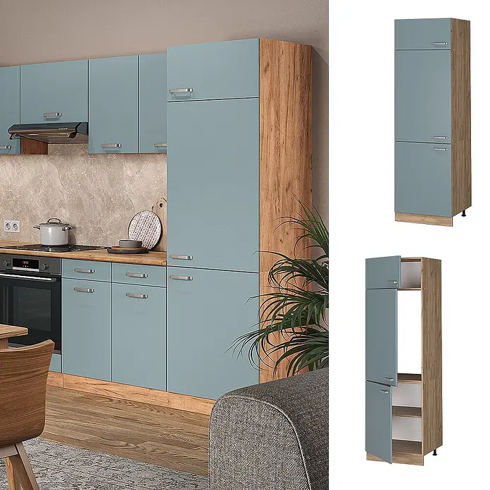 Vicco Schrankküche R-Line Blau-Grau - Blau-Grau, Kühlumbauschrank 60 cm - Moderne Küche mit staubblauen Schränken, hellen Holzakzenten und silbernen Griffen, inklusive Backofen und Hochschrank.