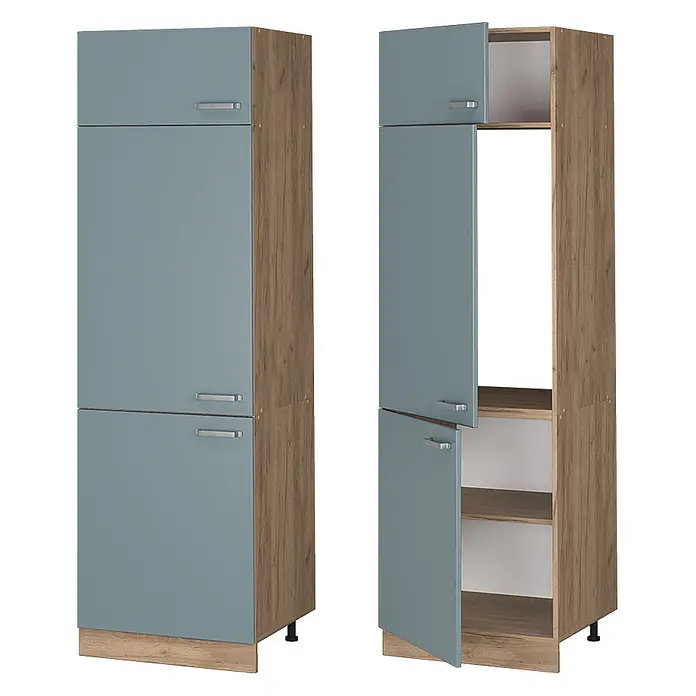 Vicco Schrankküche R-Line Blau-Grau - Blau-Grau, Kühlumbauschrank 60 cm - Hellblau-grauer und holzfarbener Hochschrank, geschlossen und mit offenen Türen und Stauraum.