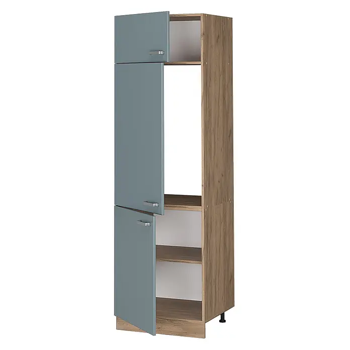 Vicco Schrankküche R-Line Blau-Grau - Blau-Grau, Kühlumbauschrank 60 cm - Hoher Küchenschrank mit blaugrauen Türen, teilweise geöffnet, und Holzdekorrahmen, mit Innenregalen.