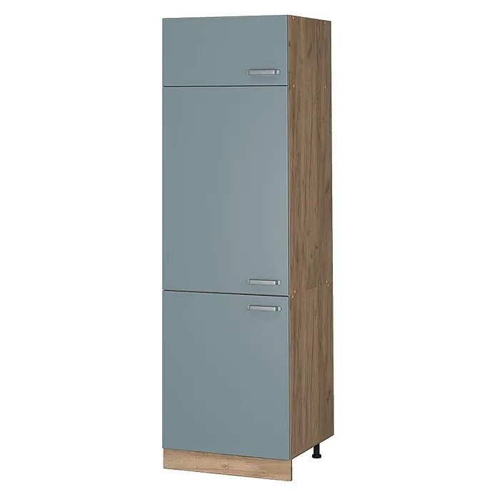 Vicco Schrankküche R-Line Blau-Grau - Blau-Grau, Kühlumbauschrank 60 cm - Hoher hellblauer Schrank mit drei Türen, silbernen Griffen und hellen Holzseitenwänden sowie Sockel.