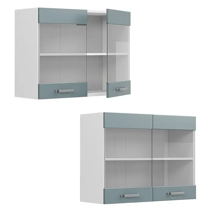 Vicco Schrankküche R-Line Blau-Grau - Blau-Grau, Hängeglasschrank 80 cm - Zwei weiße und hellblaue Hängeschränke mit Glastüren und silbernen Griffen, einer geöffnet mit Einlegeböden.