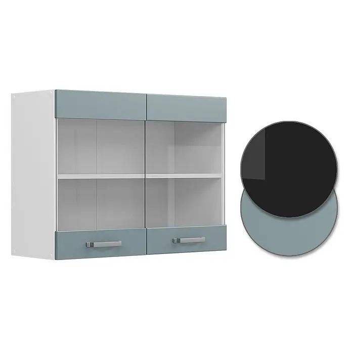 Vicco Schrankküche R-Line Blau-Grau - Blau-Grau, Hängeglasschrank 80 cm - Wandhängeschrank in Blau-Grau und Weiß mit Glastüren und zwei unteren Schubladen.