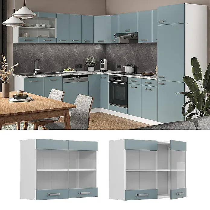 Vicco Schrankküche R-Line Blau-Grau - Blau-Grau, Hängeglasschrank 80 cm - Moderne L-förmige Küche mit hellblauen Schränken, weißen Elementen und grauer Arbeitsplatte. Mit integrierten Geräten und Glasvitrinenschrank.