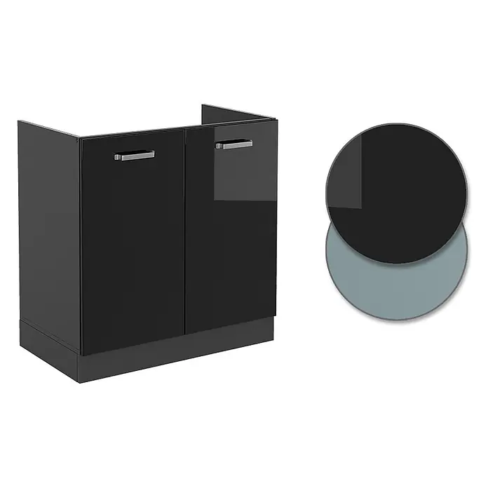 Vicco Schrankküche R-Line Schwarz Hochglanz, AP Eiche - Schwarz Hochglanz, Spülenunterschrank 80 cm - Schwarzer Hochglanz-Unterschrank mit zwei Türen, silbernen Griffen und Farbmustern in Schwarz und Hellblau-Grau.