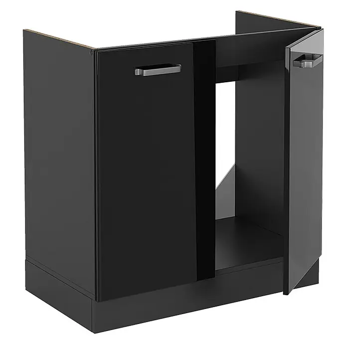 Vicco Schrankküche R-Line Schwarz Hochglanz, AP Eiche - Schwarz Hochglanz, Spülenunterschrank 80 cm - Schwarzer Spülenunterschrank mit zwei Türen, eine offen, zeigt Platz für Rohre. Modernes Design mit eleganten Griffen.