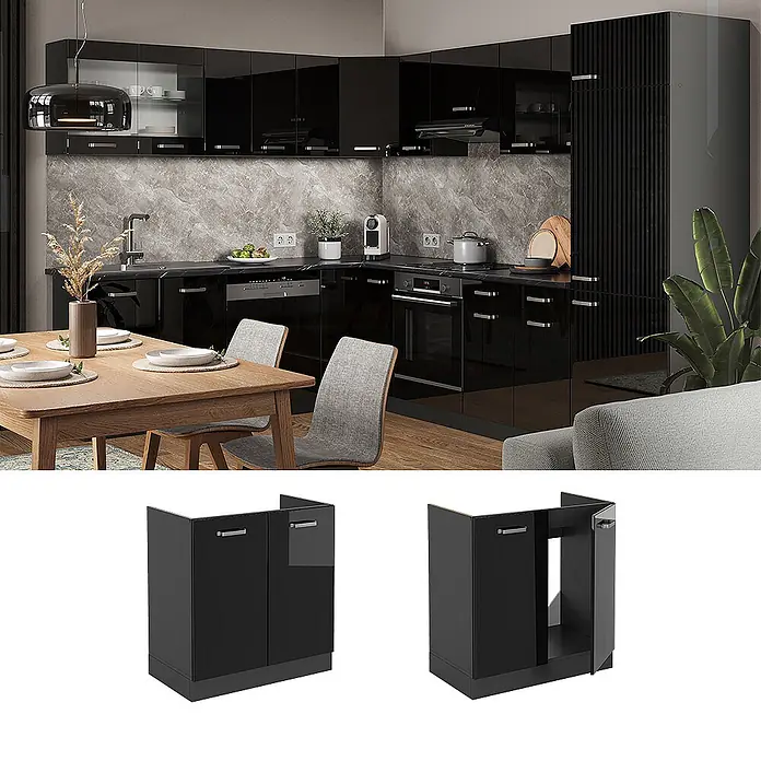 Vicco Schrankküche R-Line Schwarz Hochglanz, AP Eiche - Schwarz Hochglanz, Spülenunterschrank 80 cm - Moderne schwarze Hochglanz-Modulküchenschränke mit integrierten Geräten in einer geräumigen Küche.