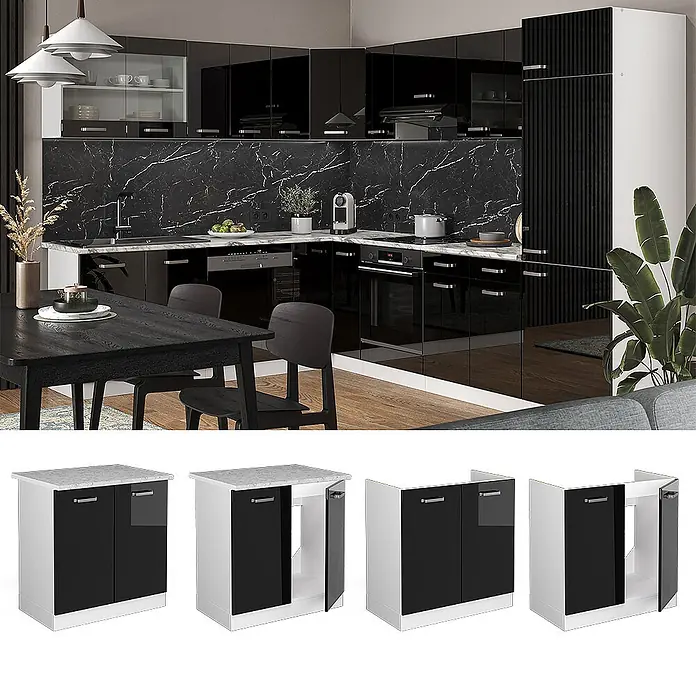 Vicco Schrankküche R-Line Schwarz Hochglanz ohne Arbeitsplatte - Schwarz Hochglanz, Spülenunterschrank 80 cm - Elegante Küchenschränke in Schwarzglanz mit Marmor-Arbeitsplatte in modernem Ambiente. Darunter modulare Unterschränke.
