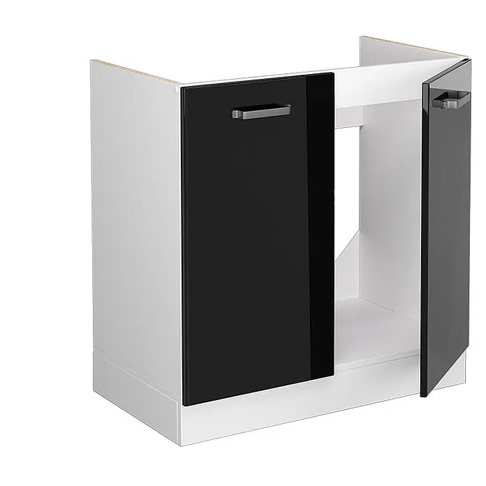 Vicco Schrankküche R-Line Schwarz Hochglanz ohne Arbeitsplatte - Schwarz Hochglanz, Spülenunterschrank 80 cm - Weißer Küchenunterschrank mit zwei schwarzen Hochglanztüren und silbernen Griffen. Eine Tür ist leicht geöffnet.