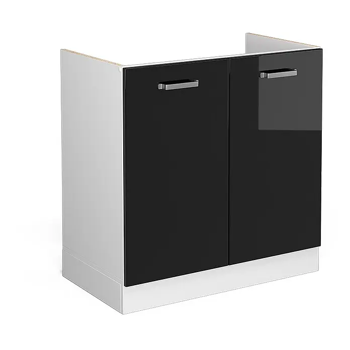 Vicco Schrankküche R-Line Schwarz Hochglanz ohne Arbeitsplatte - Schwarz Hochglanz, Spülenunterschrank 80 cm - Schwarzer Hochglanz-Unterschrank mit zwei Türen, weißem Korpus und silbernen Griffen.