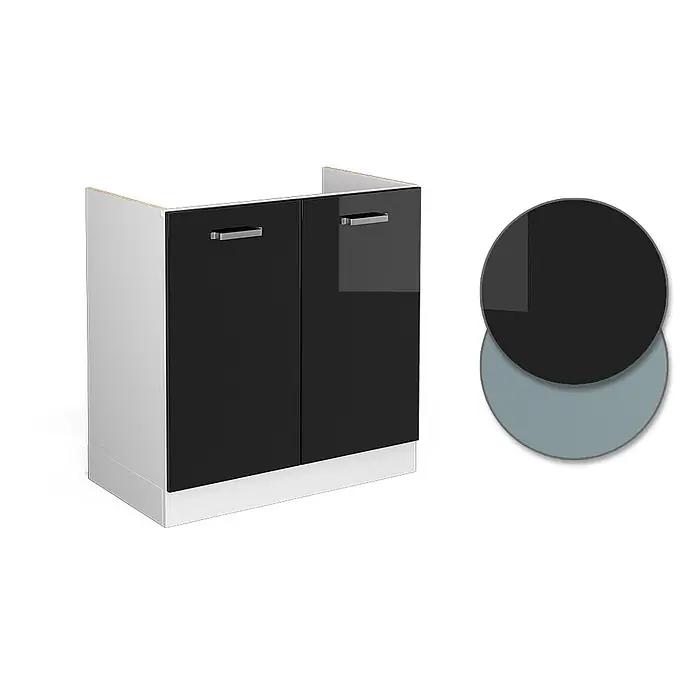 Vicco Schrankküche R-Line Schwarz Hochglanz ohne Arbeitsplatte - Schwarz Hochglanz, Spülenunterschrank 80 cm - Weißer Unterschrank mit zwei glänzend schwarzen Türen und silbernen Griffen. Inklusive Farbmuster in Dunkelgrau und Hellblau.