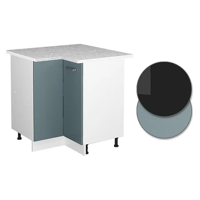 Vicco Schrankküche R-Line Blau-Grau, AP Marmor - Blau-Grau, Eckunterschrank, AP Marmor - Eck-Küchenunterschrank mit weißem Korpus, marmorierter Arbeitsplatte und tealfarbenen Türen mit dunkelgrauem Griff.