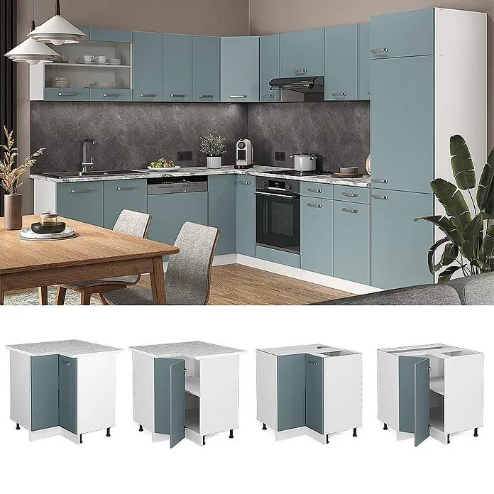 Vicco Schrankküche R-Line Blau-Grau, AP Anthrazit - Blau-Grau, Eckunterschrank, AP Anthrazit - Moderne L-förmige Küche in Blau-Grau und Weiß mit Unterschränken, detaillierte Ansichten von Eckschränken mit Regalen.