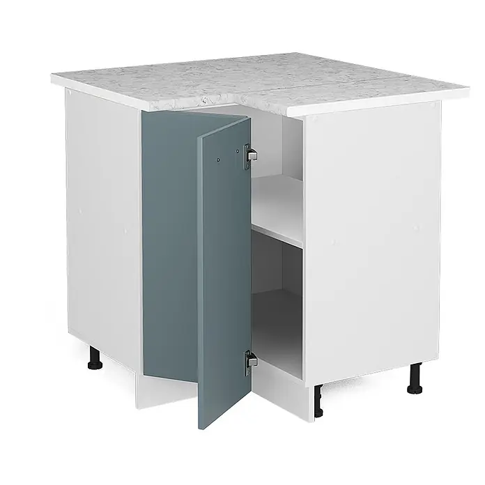 Vicco Schrankküche R-Line Blau-Grau, AP Marmor - Blau-Grau, Eckunterschrank, AP Marmor - Weißer Eckunterschrank mit petrolfarbener Tür, Marmorplatte und schwarzen Füßen. Die geöffnete Tür zeigt ein Innenregal.