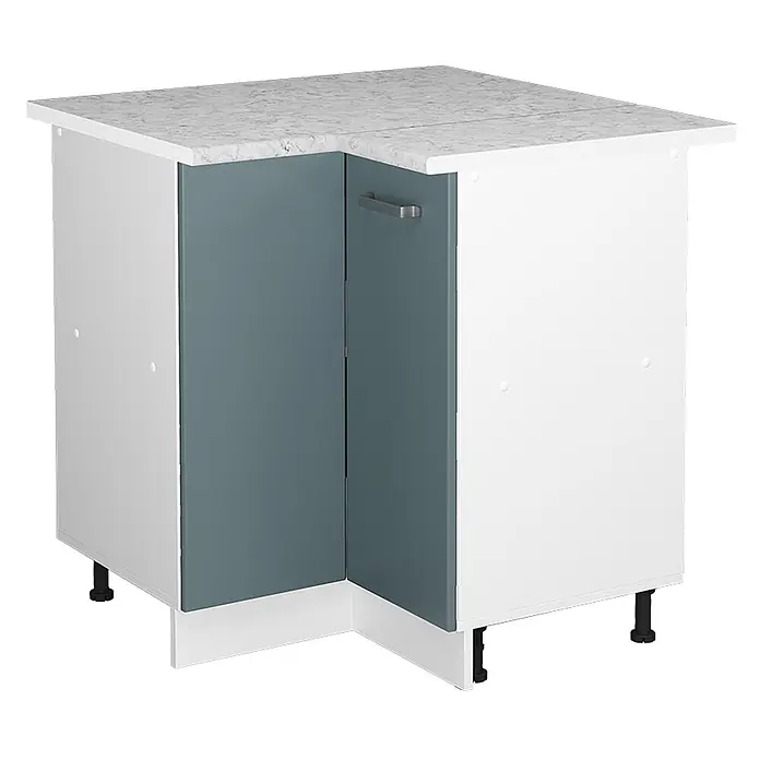 Vicco Schrankküche R-Line Blau-Grau, AP Marmor - Blau-Grau, Eckunterschrank, AP Marmor - Eckunterschrank Küche mit weißen Seiten, graublauen Türen und marmorierter Arbeitsplatte.