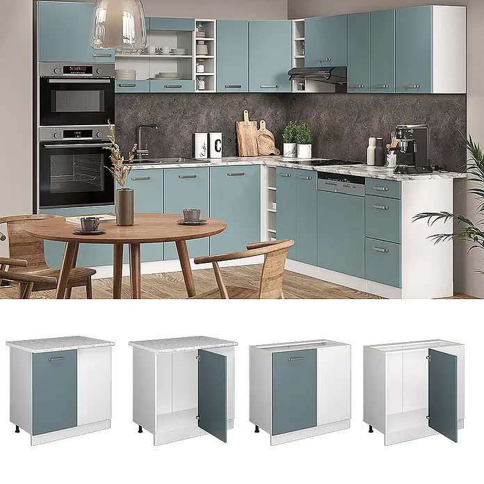 Vicco Schrankküche R-Line Blau-Grau, AP Anthrazit - Blau-Grau, Eckunterschrank 86 cm, AP Anthrazit - Moderne Küche mit blaugrauen und weißen Unter- und Oberschränken, heller Marmor-Arbeitsplatte und Einbaugeräten.