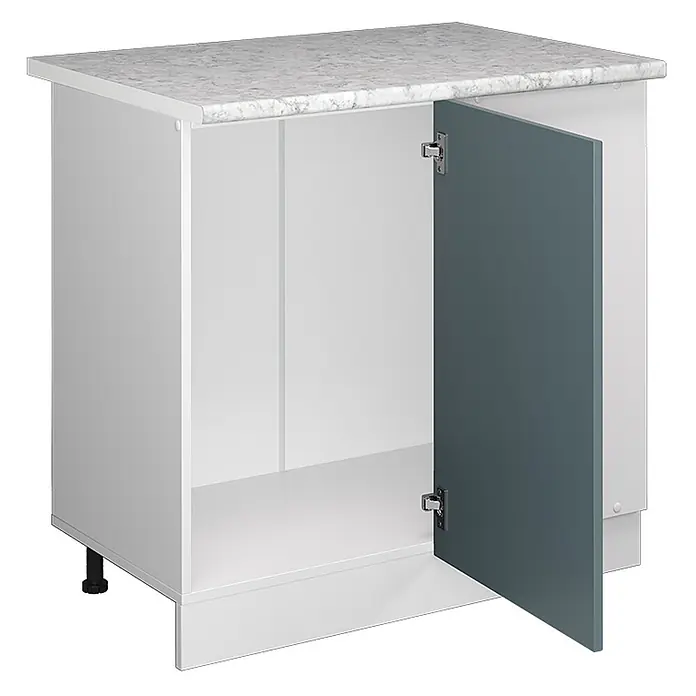 Vicco Schrankküche R-Line Blau-Grau, AP Marmor - Blau-Grau, Eckunterschrank 86 cm, AP Marmor - Weißer Küchenunterschrank mit grauer Tür und heller Marmor-Arbeitsplatte. Die Tür ist geöffnet und zeigt das Innere.