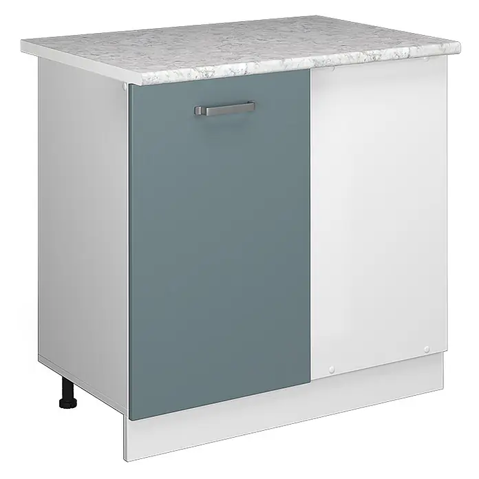 Vicco Schrankküche R-Line Blau-Grau, AP Marmor - Blau-Grau, Eckunterschrank 86 cm, AP Marmor - Küchenunterschrank mit graublauer Tür, weißem Korpus und marmorierter Arbeitsplatte.