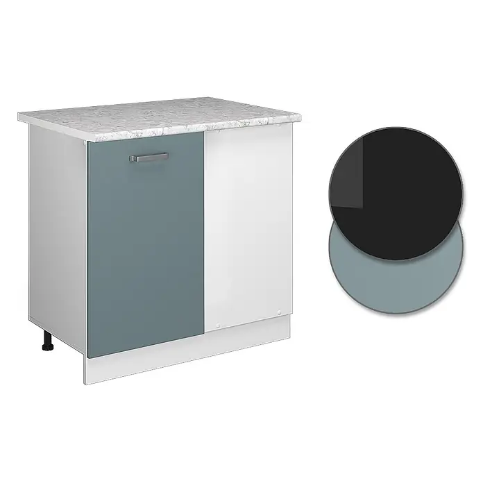 Vicco Schrankküche R-Line Blau-Grau, AP Marmor - Blau-Grau, Eckunterschrank 86 cm, AP Marmor - Zweifarbiger Küchenunterschrank in Blau-Grau und Weiß mit Marmor-Arbeitsplatte, silbernem Griff und passenden Farbmustern.