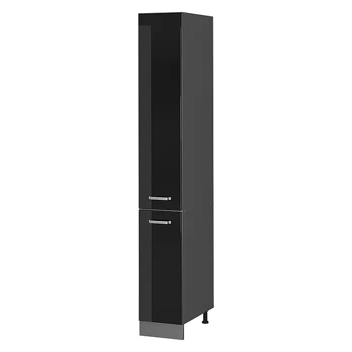 Vicco Schrankküche R-Line Schwarz Hochglanz - Schwarz Hochglanz, Apothekerhochschrank 30 cm - Hoher schwarzer Schrank mit zwei Hochglanztüren und silbernen Griffen.