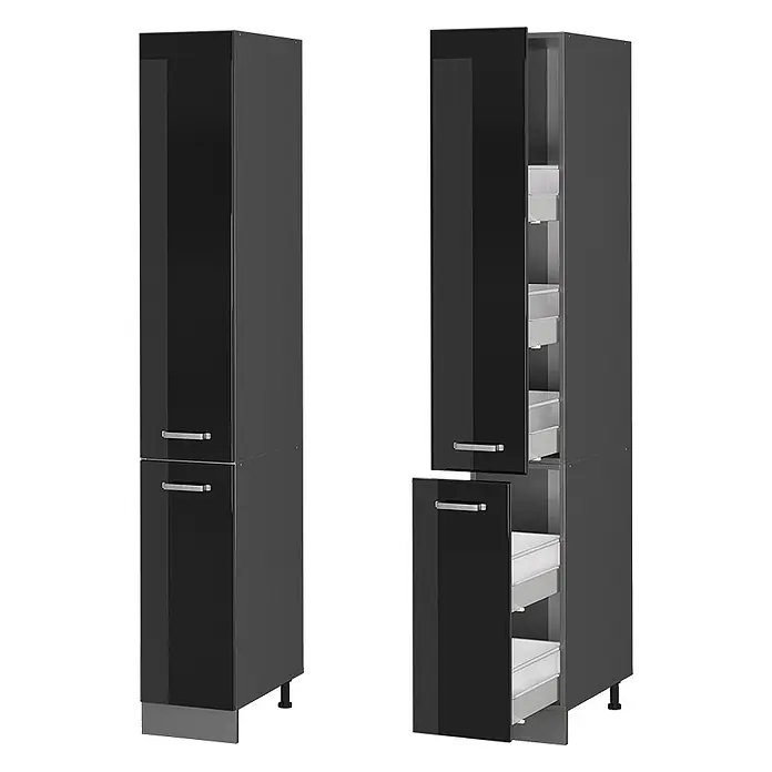 Vicco Schrankküche R-Line Schwarz Hochglanz - Schwarz Hochglanz, Apothekerhochschrank 30 cm - Hoher schwarzer Hochglanz-Vorratschrank mit silbernen Griffen, geschlossen und offen mit herausziehbaren Körben.