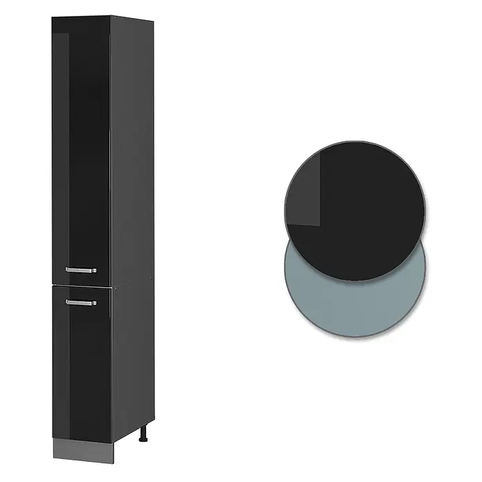 Vicco Schrankküche R-Line Schwarz Hochglanz - Schwarz Hochglanz, Apothekerhochschrank 30 cm - Hoher, schwarzer Hochglanzschrank mit silbernen Griffen und Sockel, zur Aufbewahrung geeignet.