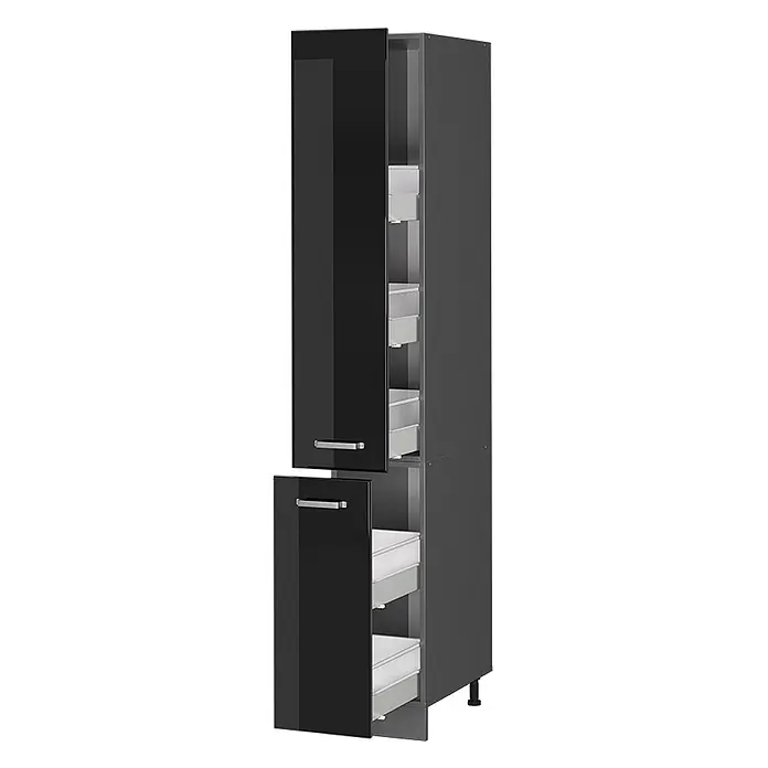 Vicco Schrankküche R-Line Schwarz Hochglanz - Schwarz Hochglanz, Apothekerhochschrank 30 cm - Hoher schwarzer Hochglanz-Küchenvorratsschrank mit zwei leicht geöffneten Türen, die hellgraue Auszugschubladen zeigen.
