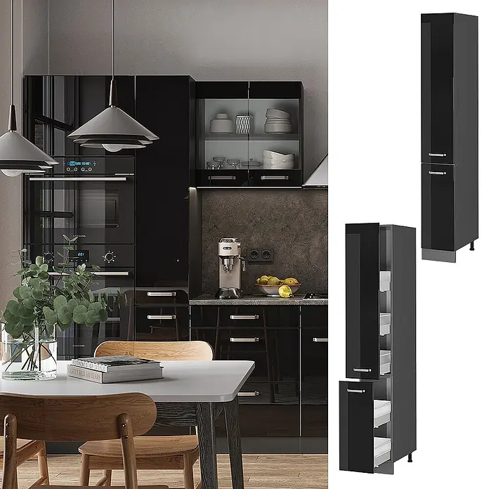 Vicco Schrankküche R-Line Schwarz Hochglanz - Schwarz Hochglanz, Apothekerhochschrank 30 cm - Moderne schwarz glänzende Küche mit Einbaugeräten. Ein hoher schwarzer Aufbewahrungsschrank mit Innenauszügen ist detailliert dargestellt.