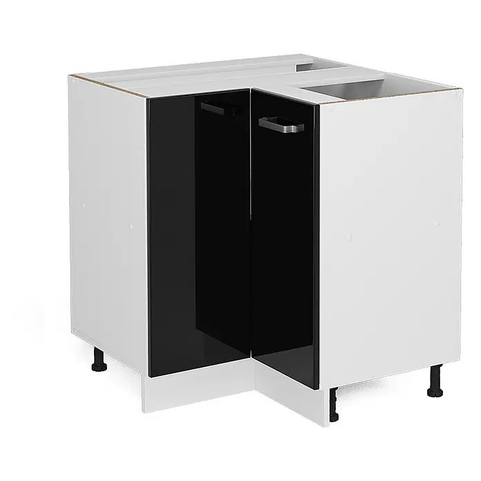 Vicco Eckunterschrank R-Line, Schwarz Hochglanz, 75.6 cm -  - Weißer Eck-Küchenunterschrank mit schwarzen Hochglanztüren und verstellbaren Füßen.