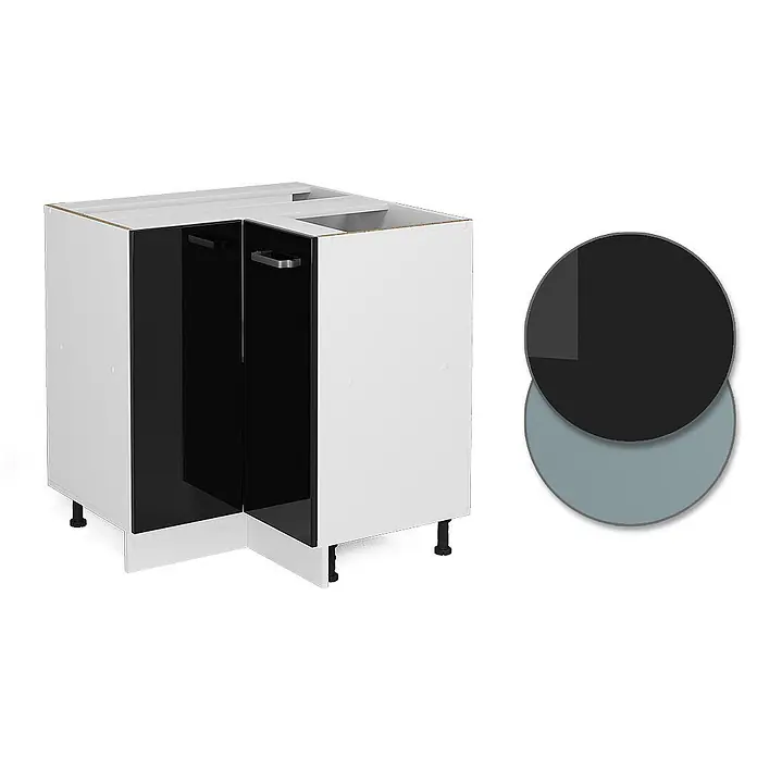Vicco Eckunterschrank R-Line, Schwarz Hochglanz, 75.6 cm -  - Weißer Eckunterschrank für die Küche mit schwarzen Türen und silbernen Griffen auf schwarzen Füßen.