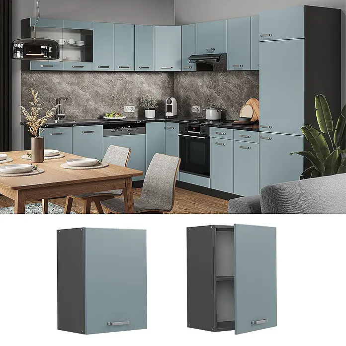 Vicco Schrankküche R-Line Blau-Grau - Blau-Grau, Hängeschrank 45 cm - Moderne hellblaue und dunkelgraue Küchenschränke. Ein Schrank ist geschlossen und offen mit Einlegeböden abgebildet.