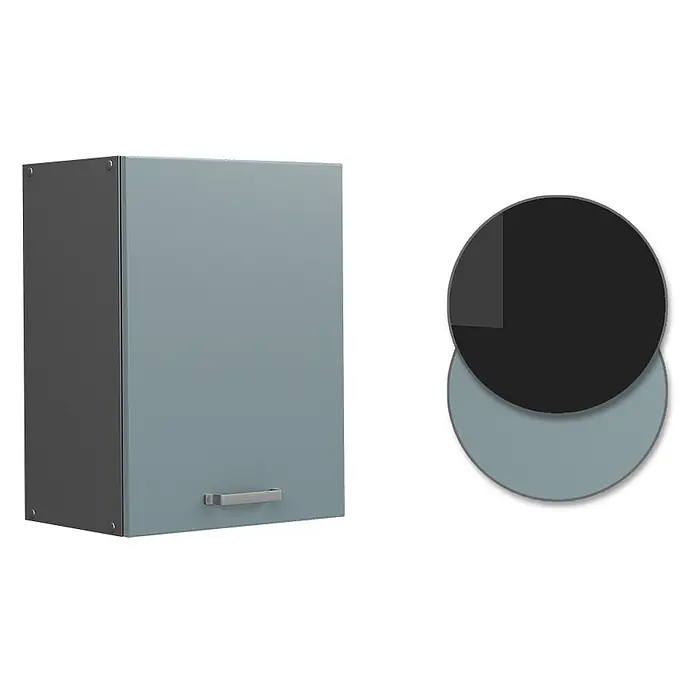 Vicco Schrankküche R-Line Blau-Grau - Blau-Grau, Hängeschrank 45 cm - Wandschrank mit dunkelgrauem Korpus und hellblau-grauer Tür, mit silbernem Griff.
