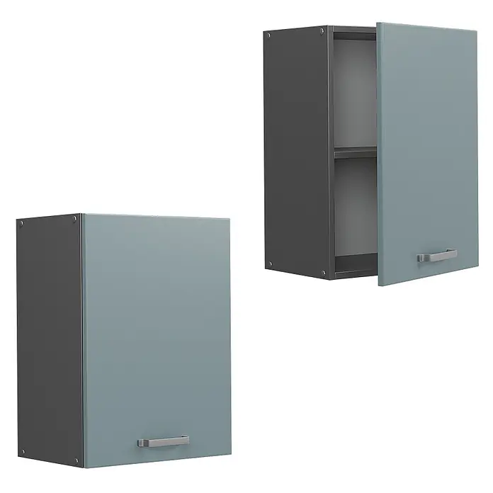 Vicco Schrankküche R-Line Blau-Grau - Blau-Grau, Hängeschrank 45 cm - Zwei Hängeschränke mit dunkelgrauen Korpus und hellblauen Türen, einer geschlossen, einer offen mit Regal.