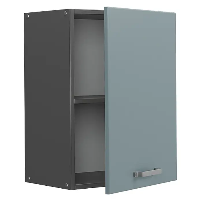 Vicco Schrankküche R-Line Blau-Grau - Blau-Grau, Hängeschrank 45 cm - Hängeschrank mit dunkelgrauem Korpus und hellblau-grauer Tür mit Griff, leicht geöffnet, um Regale zu zeigen.