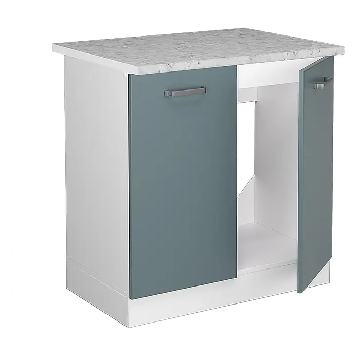 Vicco Schrankküche R-Line Blau-Grau, AP Marmor - Blau-Grau, Spülenunterschrank 80 cm, AP Marmor - Weißer Küchenunterschrank mit tealfarbenen Türen, silbernen Griffen und hellgrauer Arbeitsplatte, eine Tür offen mit Spülausschnitt.