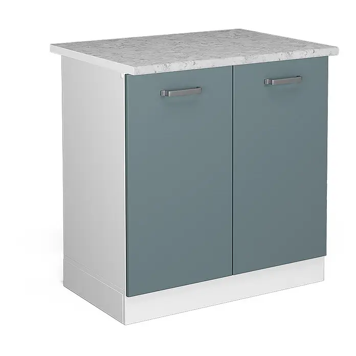 Vicco Schrankküche R-Line Blau-Grau, AP Marmor - Blau-Grau, Spülenunterschrank 80 cm, AP Marmor - Weißer Schrank mit blaugrauen Türen und heller marmorierter Arbeitsplatte.