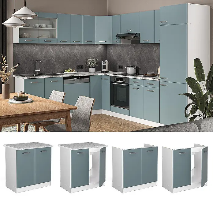 Vicco Schrankküche R-Line Blau-Grau, AP Marmor - Blau-Grau, Spülenunterschrank 80 cm, AP Marmor - Moderne blaugraue Küche mit Arbeitsplatte in Marmoroptik und integrierten Geräten, zeigt verschiedene Unter- und Oberschränke.