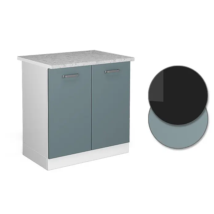 Vicco Schrankküche R-Line Blau-Grau, AP Marmor - Blau-Grau, Spülenunterschrank 80 cm, AP Marmor - Zweitüriger Unterschrank mit weißem Korpus, staubblauen Türen, weißer Marmor-Arbeitsplatte und silbernen Griffen.