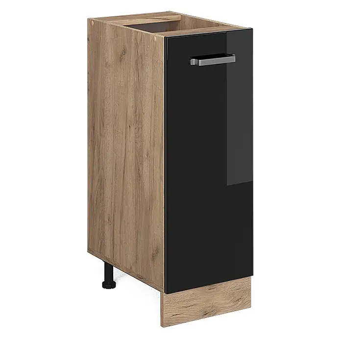 Vicco Schrankküche R-Line Schwarz Hochglanz ohne Arbeitsplatte - Schwarz Hochglanz, Apothekerunterschrank 30 cm - Unterschrank in Holzoptik mit glänzend schwarzer Tür, silbernem Griff und passender Sockelblende.