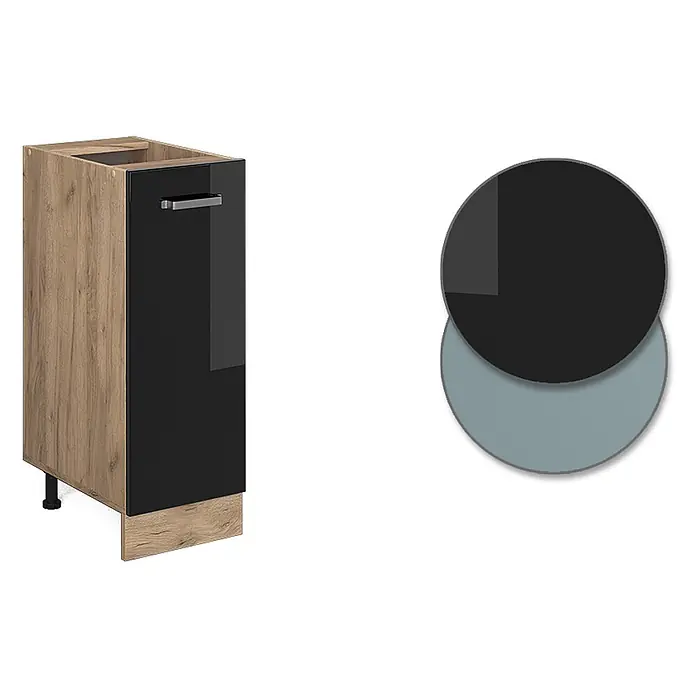 Vicco Schrankküche R-Line Schwarz Hochglanz, AP Eiche - Schwarz Hochglanz, Apothekerunterschrank 30 cm - Sockelschrank in Holzoptik mit hochglanzschwarzer Tür und silbernem Griff.