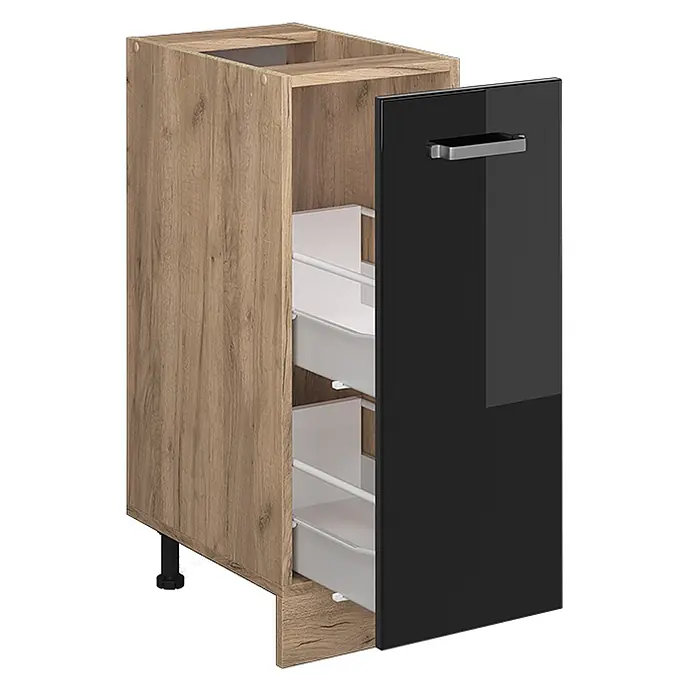 Vicco Schrankküche R-Line Schwarz Hochglanz, AP Eiche - Schwarz Hochglanz, Apothekerunterschrank 30 cm - Schmaler Küchenunterschrank in Eichenoptik mit glänzender schwarzer Tür, zwei internen Auszugskörben und verstellbaren Füßen.